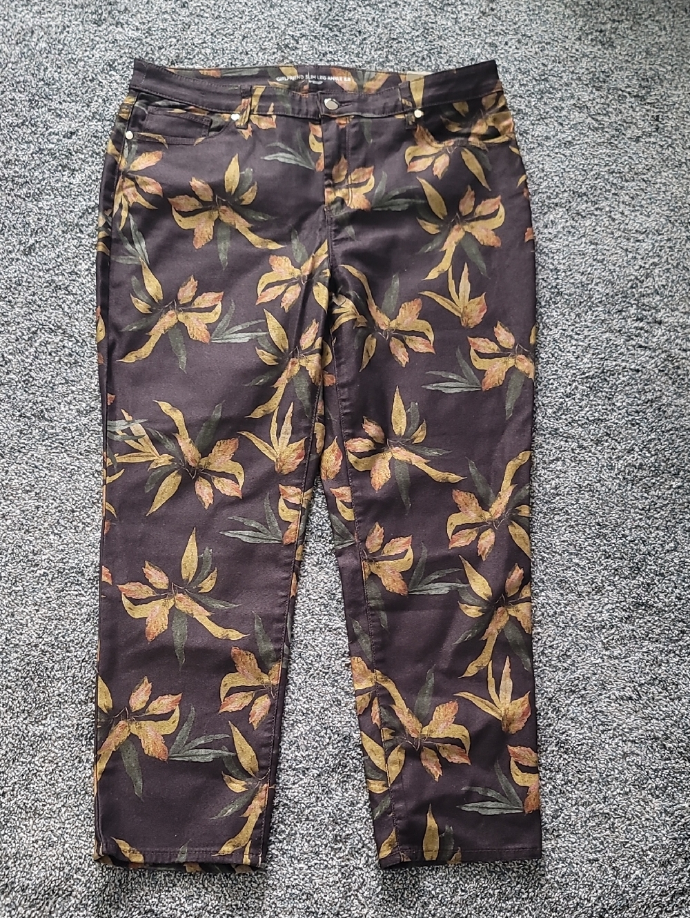 Chico's Black Pants with Gold & Olive Floral Print